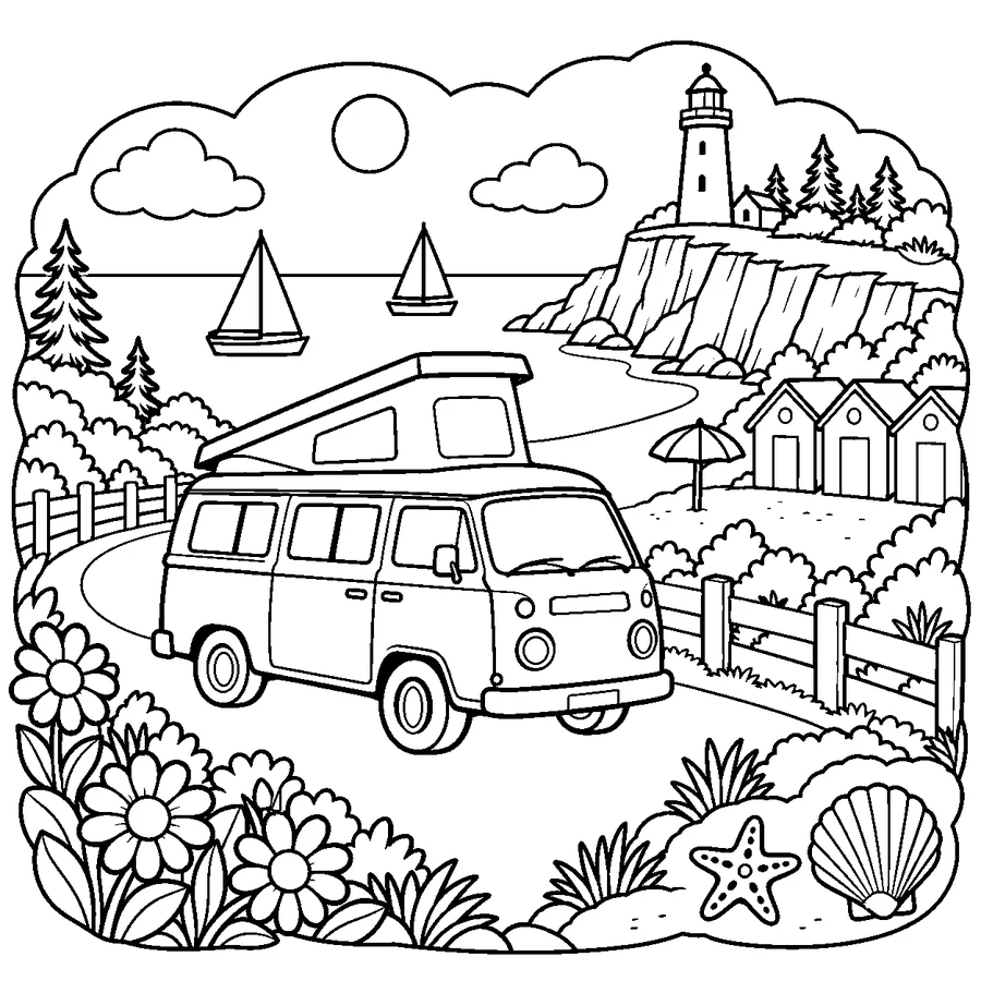 Colouring template, a colourful camper van beside a beach and lighthouse