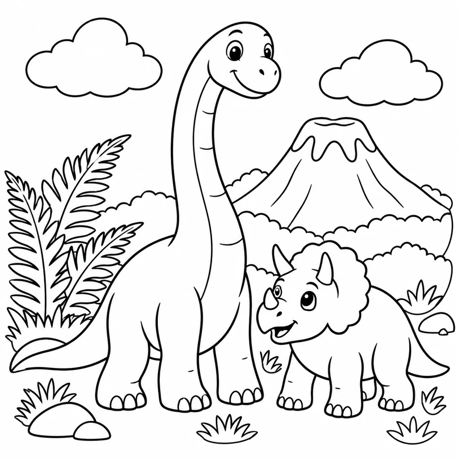 Colouring template, friendly dinosaurs among plants, rocks and a volcano