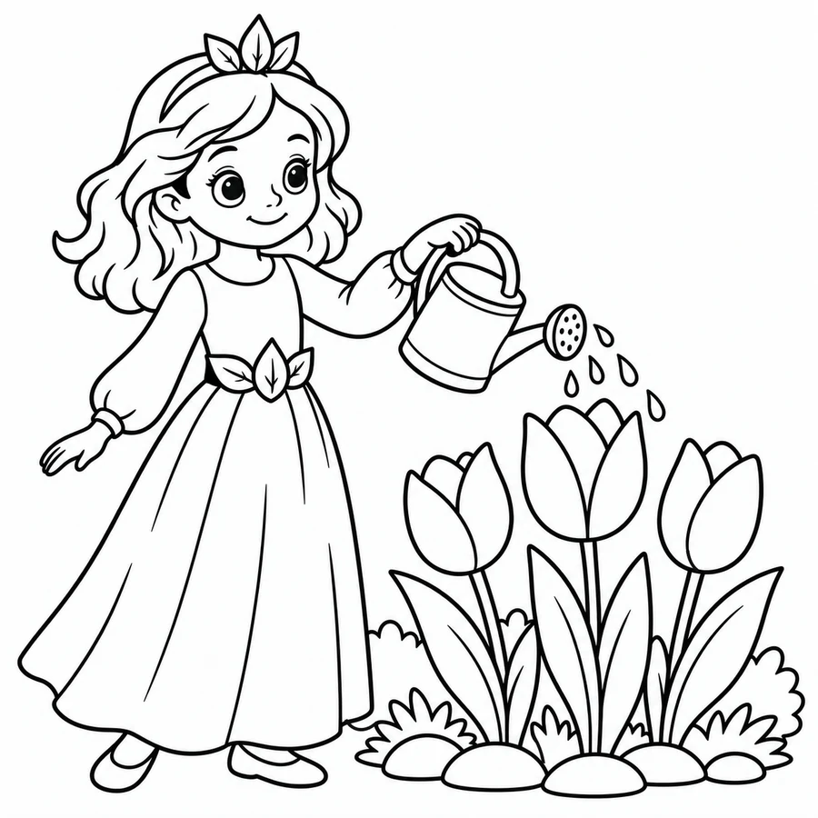 Colouring template, an original princess watering flowers in her garden