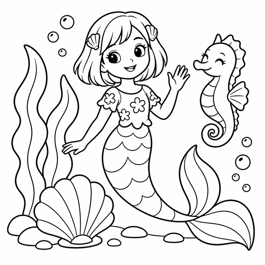Colouring template, an original mermaid in an underwater world of sea plants