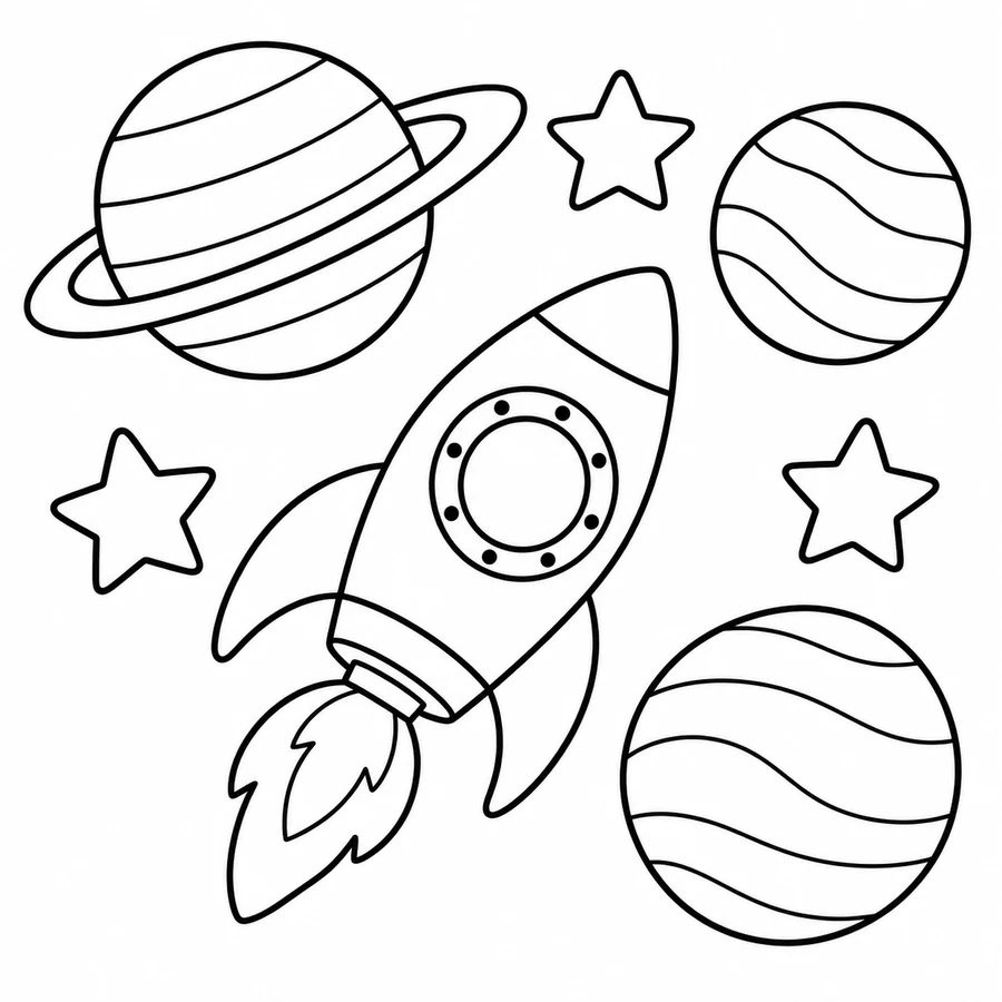 Colouring template, a rocket exploring a sky full of planets and stars