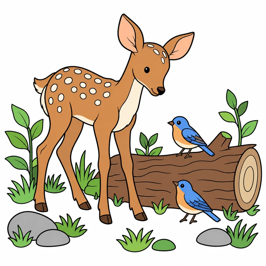 A tawny brown deer and bluebirds beside a natural wooden log and green plants